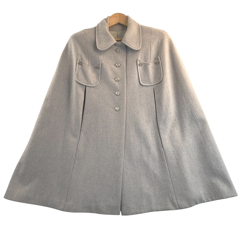 Vintage Cape Coat Gray Wool Blend Anchor Button Front Sleeveless Poncho
